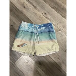 Abercrombie & Fitch Mens Beach Scene Print Swim Trunks Blue Tan Medium 5 Inch